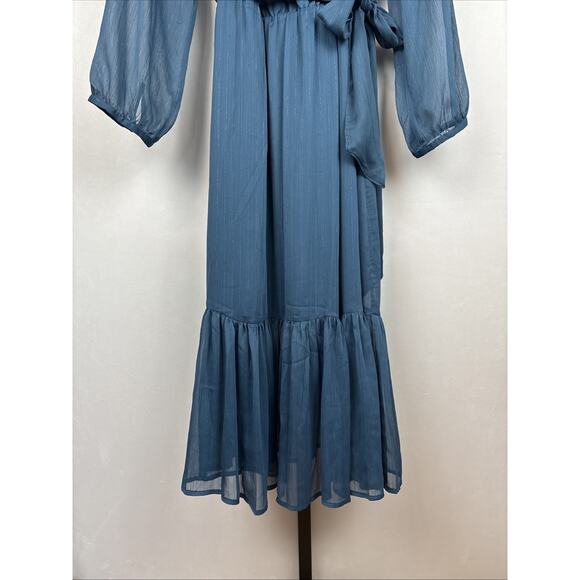 NEW J.Crew Point Sur Faux Wrap Dress Womens 12 Blue Lurex Chiffon Tiered Ruffle - Picture 5 of 12
